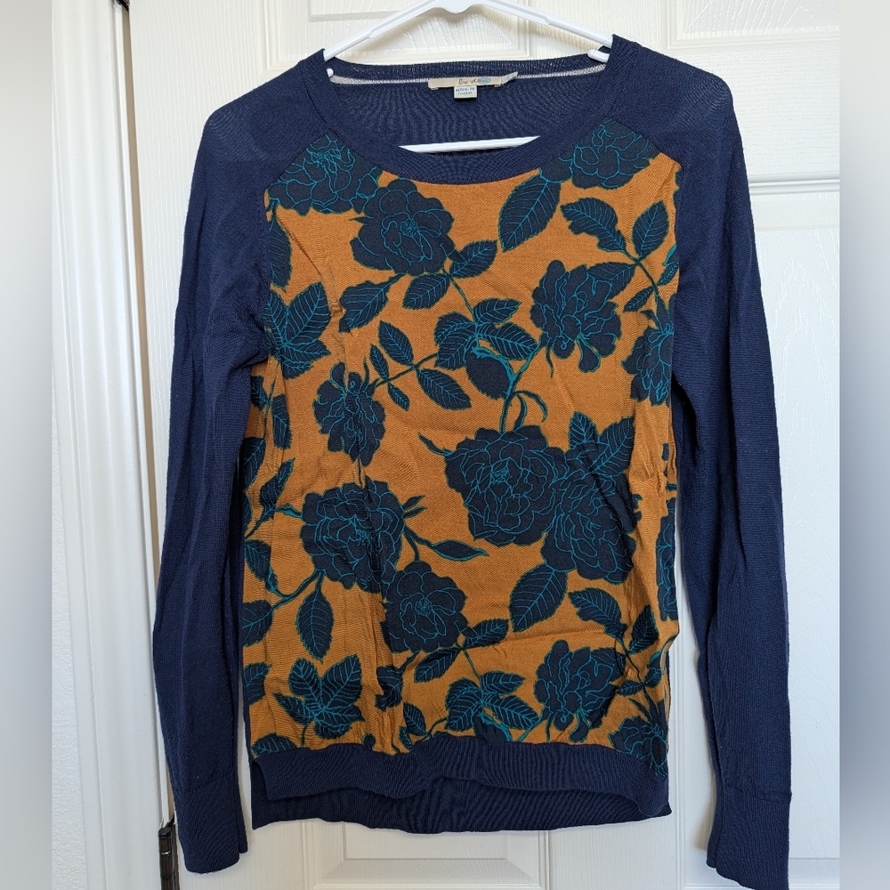 Boden Womens Floral Print Sweater Wool Viscose Sz 6 Blue Mustard Yellow Classic